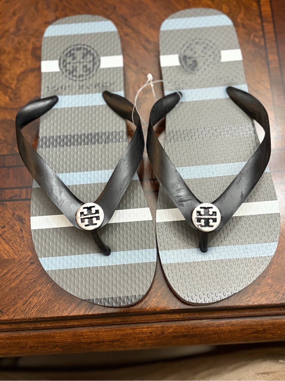 Tory Burch Men's Black Strap Flip Flops with Gray and Light Blue Striped Footbed